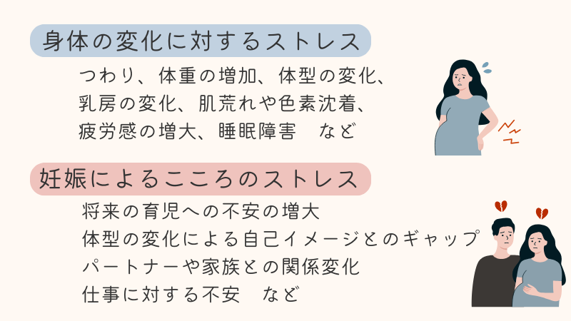 妊娠うつの原因はつわり（吐き気、嘔吐、特定の臭いに耐えられないなど）、体重の増加、体型の変化（お腹が大きくなる、浮腫みやすくなるなど）、乳房の変化（乳房が張る、乳首や乳輪の色変化）、肌荒れや色素沈着、疲労感の増大、睡眠障害といった「身体の変化」に対するストレスと、将来の育児への不安の増大、体型の変化による自己イメージとのギャップ、母親になることへのプレッシャー、パートナーや家族との関係変化、仕事に対する不安といった精神的ストレスがあります